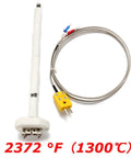 K-type thermocouple kiln probe with ceramic block insulator, braided stainless cable, yellow two-pin connector.
