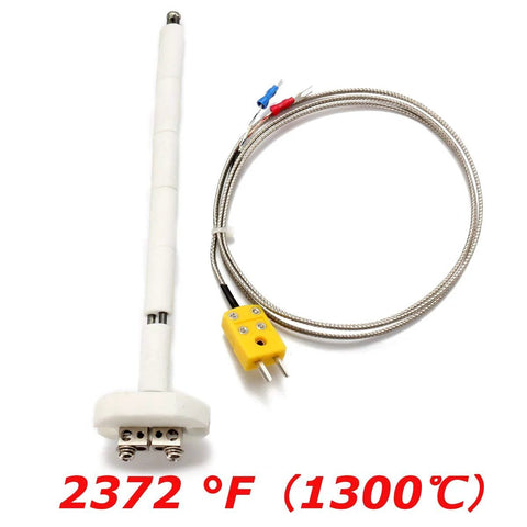 K-type thermocouple kiln probe with ceramic block insulator, braided stainless cable, yellow two-pin connector.