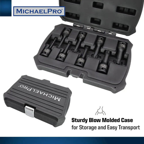 Eight Piece Half Inch Drive Torx Socket Set From T30 To T70, Impact Grade Chromoly Steel, Beefy Rugged Tools With A Sturdy Blow Mold Case For Easy Storage And On The Go