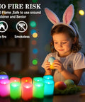 Child playing with Easter eggs near Lit Color Changing Flameless Votive Candles With Timer Set Of 10, rainbow glow LED display.