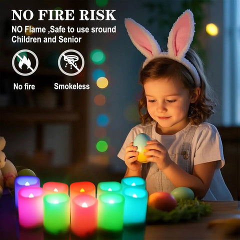 Child playing with Easter eggs near Lit Color Changing Flameless Votive Candles With Timer Set Of 10, rainbow glow LED display.
