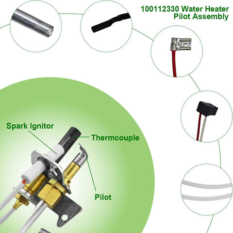 Front view of 100112330 water heater pilot assembly with spark ignitor, thermocouple, and pilot components.