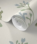 Premium Floral Meadow Wallcovering With A Subtle Matte Linen Texture, rolled out showing floral design and linen texture.