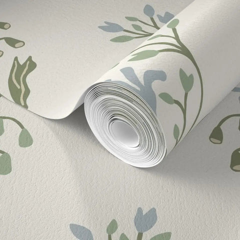 Premium Floral Meadow Wallcovering With A Subtle Matte Linen Texture, rolled out showing floral design and linen texture.