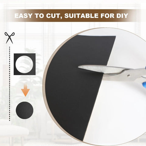 Close-up of scissors cutting black Six Pack Adhesive Neoprene Foam Sheets One Eighth Inch Thick Twelve By Eight Inch for DIY projects.