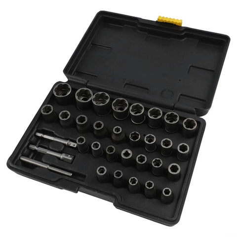 Open case showing 32 Piece Bolt Extractor Socket Set For Removing Damaged Rusted Bolts And Nuts With 1/4 Inch And 3/8 Inch Adapters.