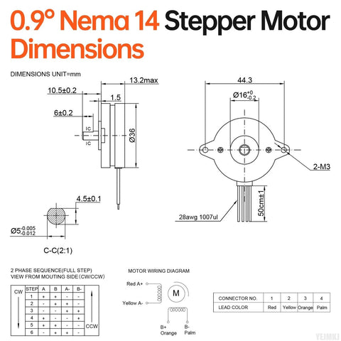 YEJMKJ 0.9° NEMA 14 stepper motor: front/side dimensions with 2-phase bipolar wiring diagram