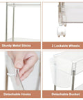 Go-To Slim 4-Tier Rolling Cart With Lockable Wheels And Handy Hooks And Bucket, A Mobile Utility Storage Solution For Office, Kitchen, Laundry, Bathroom And Living Room In Clear Finish. Image shows lockable wheels, detachable hooks and bucket.