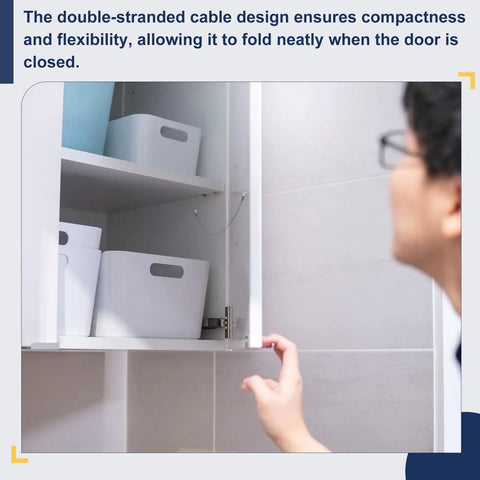 16 Inch Stainless Steel Braided Cabinet Door Restraint Cable Kit With Eyelets, Flexible Hinge Limiter For Chest, Cupboard And Closet Doors, 10 Pack Keeps Cabinets From Slamming, Easy Install And Smooth Door Action. cabinet door cable limiter on open white cupboard
