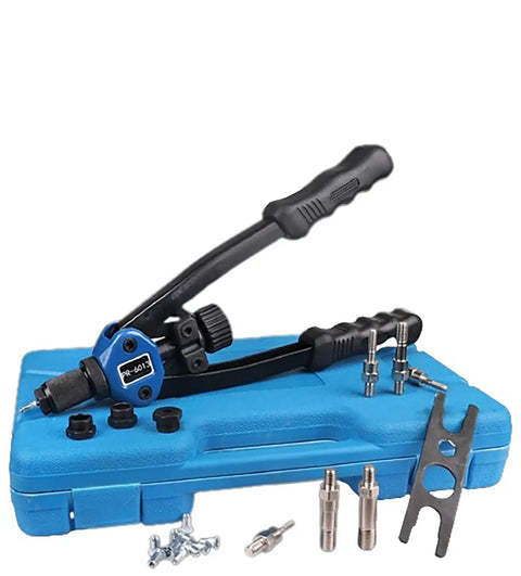 Rivet Nut Tool Kit Hand Riveter Set With 110 Pcs M3 M12 Nuts And 7 Metric And Inch Mandrels on a blue case