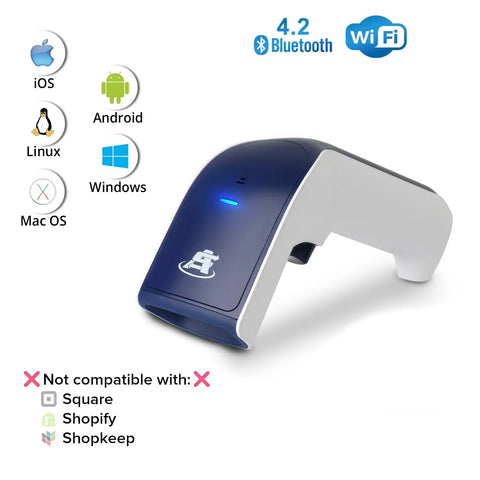 Wireless Portable 1D Bluetooth Barcode Scanner Handheld Workhorse 3 In 1 Cordless Rechargeable Scan Gun For Inventory USB Barcode Reader 1D Only No QR No Stand Compact, shown with compatibility icons for iOS, Android, and more.