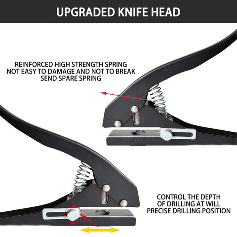 Close-up of Heavy Duty 15mm Single Hole Punch Handheld with high strength spring and scale guide, showing upgraded knife head.