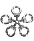 Five Piece M6 Eye Bolts Set, Stainless Steel 304 Ring Eye Bolts With Shoulder Lifting, arranged in a circular pattern, silver color.
