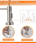Low Lead Commercial Kitchen Faucet With Solid Brass Construction, Single Handle Pull Out Sprayer, showing stream modes.