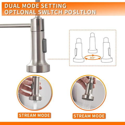 Low Lead Commercial Kitchen Faucet With Solid Brass Construction, Single Handle Pull Out Sprayer, showing stream modes.