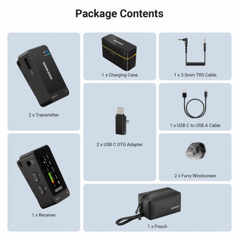Package contents of AI Wireless Lavalier Microphone For iPhone Android Camera And PC With Dual DSP MCU Noise Cancellation