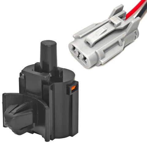 Precision Ambient Temperature Sensor With Connector Pigtail Harness For Hyundai Kia, black sensor and gray connector close-up.