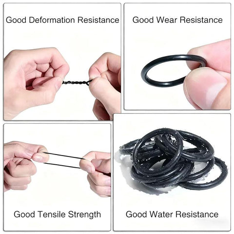 O-ring kit: black rubber seals, 225 pieces in 20 sizes for pipes, valves, and plumbing