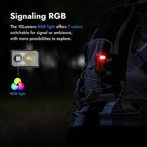 Person wearing G5 Rechargeable EDC Flashlight With Dual Light Sources And RGB Illumination, attached to backpack.