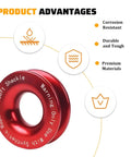 Heavy Duty Aluminum Winch Snatch Block Recovery Ring for ATV UTV SUV Trucks, red aluminum alloy ring with product advantages icons