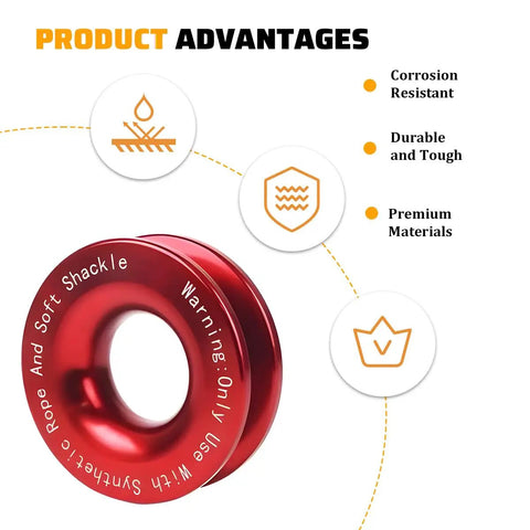 Heavy Duty Aluminum Winch Snatch Block Recovery Ring for ATV UTV SUV Trucks, red aluminum alloy ring with product advantages icons