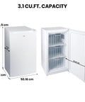 Hella Compact 3.1 Cubic Feet White Upright Freezer with three wire baskets, dimensions 82.5 cm height, 50.16 cm width.