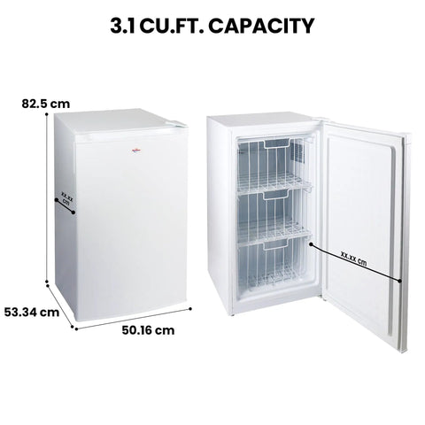 Hella Compact 3.1 Cubic Feet White Upright Freezer with three wire baskets, dimensions 82.5 cm height, 50.16 cm width.