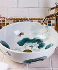 USZWBY Vessel Sinks Art Countertop Basin Round Retro Washbasin featuring floral design, white ceramic, elegant bathroom decor.