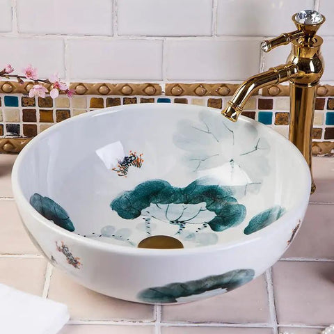 USZWBY Vessel Sinks Art Countertop Basin Round Retro Washbasin featuring floral design, white ceramic, elegant bathroom decor.