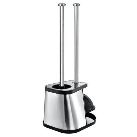 Heavy Duty Toilet Brush And Plunger Combo With Killer Suction And Sturdy Bristles For No Sweat Clog Removal Plus Straight Up Bathroom Deep Cleaning Freshness In Black in a sleek stainless steel holder.