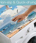 Coastal Beach Vibe Washer And Dryer Dust Covers 2 Pack 23.6x23.6 Inch with seagull and lighthouse pattern, non-slip feature shown