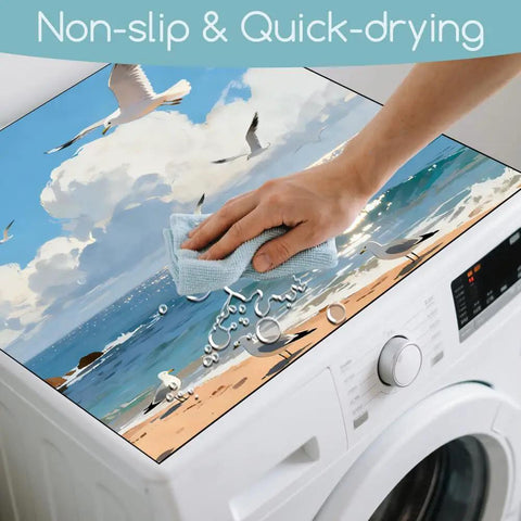 Coastal Beach Vibe Washer And Dryer Dust Covers 2 Pack 23.6x23.6 Inch with seagull and lighthouse pattern, non-slip feature shown