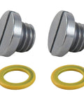 Seize The Day With This Premium 2X Lower Unit Oil Drain Plug Seal Kit For Mercruiser Stern Drives That Totally Stops Gear Lube Leaks And Blocks Water Seepage To Shield Your Drive From Serious Rusty Damage Inside The Hull., two metal plugs and yellow rubber seals