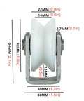 Front view of Groove Track Wheel Sliding Door Roller, Heavy Duty Nylon Castor With 304 Stainless Steel Bracket showing dimensions.