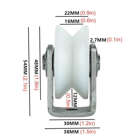 Front view of Groove Track Wheel Sliding Door Roller, Heavy Duty Nylon Castor With 304 Stainless Steel Bracket showing dimensions.