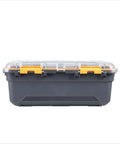 Heavy Duty IP68 Waterproof Plastic Storage Tote Featuring Tough As Nails Gasket Seal And Secure Latches Rugged Gray Bin side view with yellow latches.