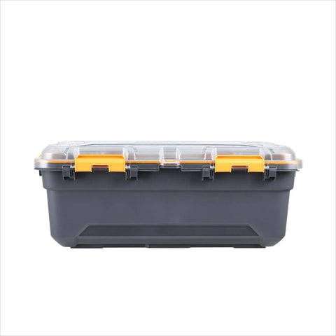 Heavy Duty IP68 Waterproof Plastic Storage Tote Featuring Tough As Nails Gasket Seal And Secure Latches Rugged Gray Bin side view with yellow latches.