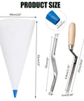 Product size of Professional Grade Masonry Mortar Bags 3 Pack Featuring Heavy Duty PVC Body and Stainless Steel Tips with tools.