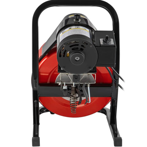 Heavy Duty Electric Drain Auger With Sharp Rotary Blades And Foot Switch For Smashing Backed Up Lines In One To Four Inch Pipes Using Tangle Free Steel Core Snake, showing motor and cable.