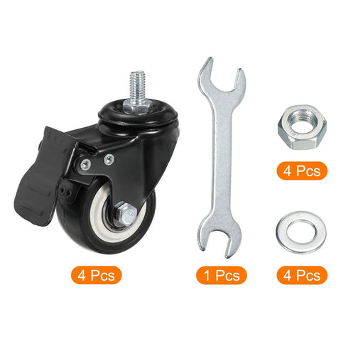 2 Inch Swivel Stem Casters With Brake PU Wheel M8x15mm Threaded Stem 1.25mm Pitch 110lbs Load Capacity Per Caster Black 4 Pieces