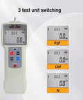 Push And Pull Force Gauge With Real Time Peak And Auto Peak Modes Digital Force Meter Supporting N Kg And Lb Units LCD Display For Tension And Compression Testing 1000N Capacity Easy Unit Conversion Handheld Precision showing 3-unit switching