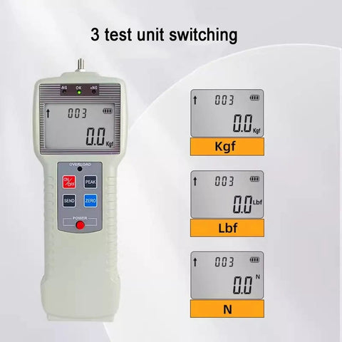 Push And Pull Force Gauge With Real Time Peak And Auto Peak Modes Digital Force Meter Supporting N Kg And Lb Units LCD Display For Tension And Compression Testing 1000N Capacity Easy Unit Conversion Handheld Precision showing 3-unit switching