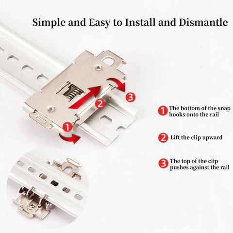Instructional image showing 35mm Din Rail Mounting Clip Kit Stainless Steel Heavy Duty Fixed Bracket for SSR Relays installation.