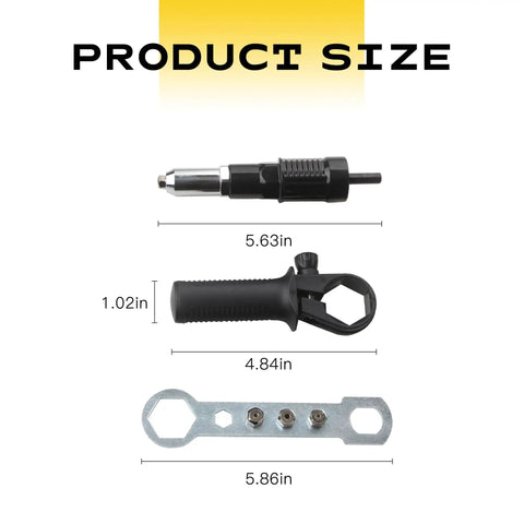 Pop Rivet Gun Adapter Kit With Four Head Sizes 2.4mm 3.2mm 4.0mm And 4.8mm Drill Attachment Aluminum Alloy Riveting Nut Tool Universal Fit No Brainer Quick Setup For Smooth Riveting On Metal Plastic And More., product size diagram with 5.63in adapter and 4.84in handle