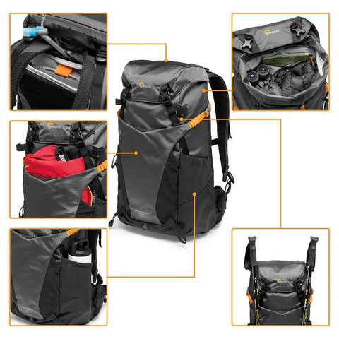 Gray PhotoSport 24L AW III hiking camera backpack showing side access, removable insert, and attachment points.