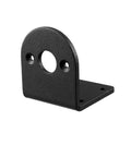 Front view of black alloy-steel L-shaped mounting bracket with large center hole and two small mounting holes for motors
