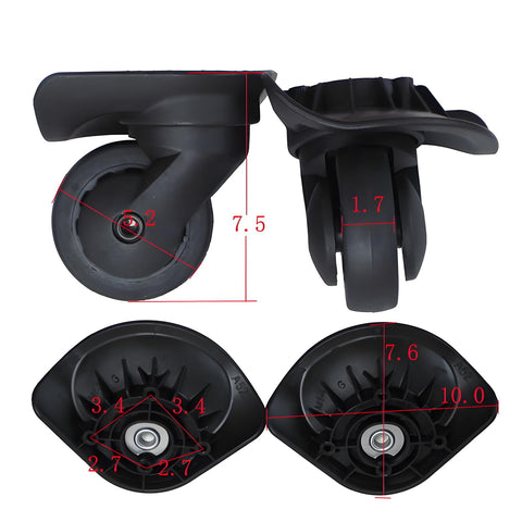 2 Pcs A52 Quiet Single Row Wheel for Suitcases Universal Luggage Replacement Wheels, Silent and Durable, Made with PP and PET Materials, Smooth Rolling, Low Noise Design for Travel and Outdoor Use, showing dimensions and black wheels in multiple views.