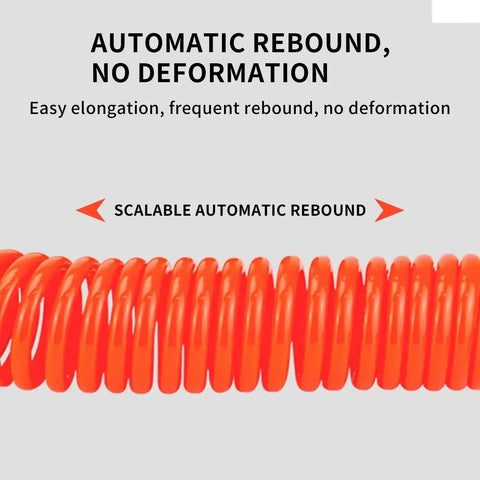 Heavy Duty Polyurethane Recoil Air Hose For Compressors 12 Meter Length, showcasing automatic rebound feature in bright orange.