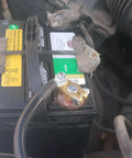 Beefy Brass Top Post Battery Terminal Connectors Set For Positive And Negative, Marine Car Boat RV Ready, installed view