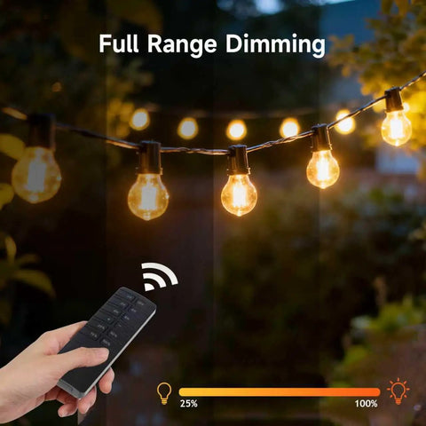 Heavy Duty Outdoor Dimmer For String Lights Featuring Extra Dope Remote Control And Reliable Timer Waterproof Switch For Patio Setup And Dimmable Led Bulbs with lit bulbs and remote.